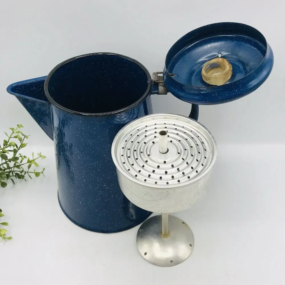 Vtg Blue & White Speckled Enamel 8 Cup Coffee Pot Percolator Has Damage
